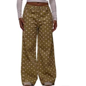 image:imageCHARTOU Women Polka Dot Wide Leg Denim Pants Color Contrast High Waist Baggy Boyfriend Jeans with PocketsKhaki
