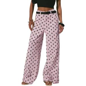 image:imageCHARTOU Women Polka Dot Wide Leg Denim Pants Color Contrast High Waist Baggy Boyfriend Jeans with PocketsPink