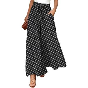 image:imageCHARTOU Women Polka Dot Wide Leg Pants Elastic High Waist Palazzo Ankle Pants with PocketsBlack