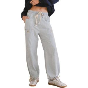 image:imageCHARTOU Women Striped Wide Leg Denim Pants Casual Loose Drawstring Elastic High Waist Barrel JeansLight Blue