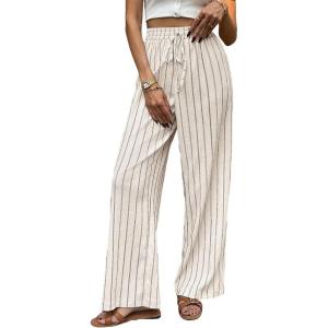 image:imageCHARTOU Womens Summer Elastic Waist Striped Flowy Palazzo Pants Casual Wide Leg Pants with PocketsBeige