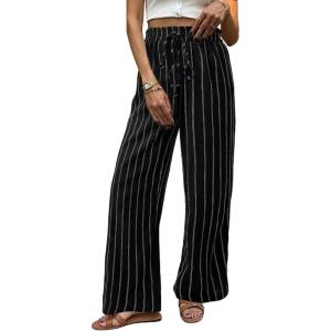 image:imageCHARTOU Womens Summer Elastic Waist Striped Flowy Palazzo Pants Casual Wide Leg Pants with PocketsBlack