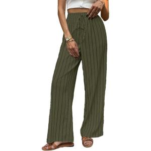 image:imageCHARTOU Womens Summer Elastic Waist Striped Flowy Palazzo Pants Casual Wide Leg Pants with PocketsGreen