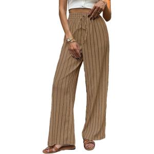 image:imageCHARTOU Womens Summer Elastic Waist Striped Flowy Palazzo Pants Casual Wide Leg Pants with PocketsKhaki