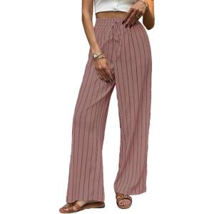 image:imageCHARTOU Womens Summer Elastic Waist Striped Flowy Palazzo Pants Casual Wide Leg Pants with PocketsLotus