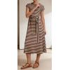 image:imageCHARTOU Women Striped Jersey Midi Dress Cap Sleeve Long Tshirt Dresses Summer Vacation Cruise SundressBrown