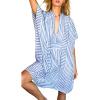 image:imageCHARTOU Womens Striped Beach Cover Up Dress Baggy Batwing Sleeve Short Sundress Tunic Shirt Dresses SummerSky Blue