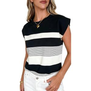 image:imageCHARTOU Women Color Block Striped Summer Top Crewneck Cape Short Sleeve T Shirt Tank TopBlack