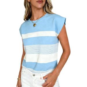image:imageCHARTOU Women Color Block Striped Summer Top Crewneck Cape Short Sleeve T Shirt Tank TopBlue