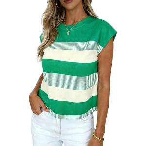 image:imageCHARTOU Women Color Block Striped Summer Top Crewneck Cape Short Sleeve T Shirt Tank TopGreen