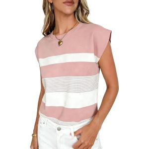 image:imageCHARTOU Women Color Block Striped Summer Top Crewneck Cape Short Sleeve T Shirt Tank TopPink