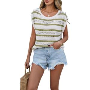 image:imageCHARTOU Women Color Block Striped Sweater Vest Crewneck Cap Short Sleeve Hollow Out Knitted Pullover TopGreen