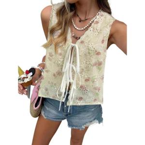 image:imageCHARTOU Women Floral Boho Vest Top Tie Front Sleeveless Eyelet Embroidered Summer Vacation Tank TopLight Yellow