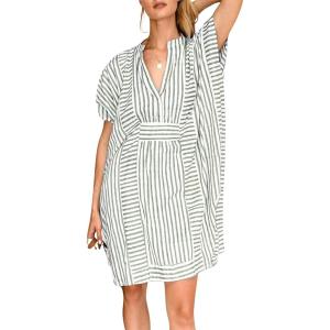 image:imageCHARTOU Womens Striped Beach Cover Up Dress Baggy Batwing Sleeve Short Sundress Tunic Shirt Dresses SummerFresh Green
