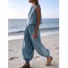 image:imageCHARTOU 2 Piece Vacation Outfits for Women Summer Tank Top Linen Baggy Balloon Wide Leg Pants Matching SetsBlue