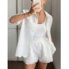 image:imageCHARTOU Eyelet Two Piece Short Sets for Women Button Down Shirt with Lace Embroidered Shorts Summer OutfitWhite