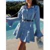 image:imageCHARTOU Women Chic Bell Sleeve Denim Dress Slim Button Down Flare Mini Jean Shirt Dress with BeltBlue