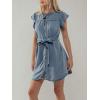 image:imageCHARTOU Women Denim Mini Dress Ruffle Crewneck Flutter Sleeve Button Down Shirt Dress with BeltBlue