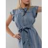 image:imageCHARTOU Women Denim Mini Dress Ruffle Crewneck Flutter Sleeve Button Down Shirt Dress with BeltBlue