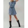 image:imageCHARTOU Women Denim Mini Dress Ruffle Crewneck Flutter Sleeve Button Down Shirt Dress with BeltBlue
