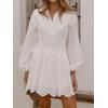 image:imageCHARTOU Women Eyelet Lace Shirt Dress Long Puff Sleeve Summer Smocked Elegant Party Mini DressWhite