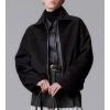 image:imageCHARTOU Women Fall Crop Wool Jacket Zip Up Bomber Coats Ruched Hem Winter OutwearBlack