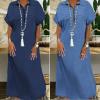 image:imageCHARTOU Women Loose Denim Maxi Dress Short Sleeve Zip Up Long Jean Dress Denim T Shirt Blouse Shift Dress Jumper 2024Blue