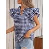 image:imageCHARTOU Women Plaid Summer Top Casual Loose Ruffle V Neck Flutter Sleeve Gingham Tunic Pullover ShirtNavy