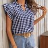 image:imageCHARTOU Women Plaid Summer Top Casual Loose Ruffle V Neck Flutter Sleeve Gingham Tunic Pullover ShirtNavy