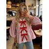 image:imageCHARTOU Women Stripe Tie Front Tops Babydoll Peplum Shirt Puff Long Sleeve Going Out Bow BlousePink