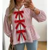 image:imageCHARTOU Women Stripe Tie Front Tops Babydoll Peplum Shirt Puff Long Sleeve Going Out Bow BlousePink