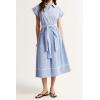image:imageCHARTOU Women Striped Shirt Dress Lapel Cap Short Sleeve Buttons High Waited A Line Long Dress with BeltBlue