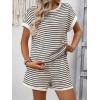 image:imageCHARTOU Women Striped Two Pieces Sets Summer Crewneck Short Sleeve Tee Shirt Elastic High Waisted Shorts Lounge SetsApricot