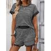 image:imageCHARTOU Women Striped Two Pieces Sets Summer Crewneck Short Sleeve Tee Shirt Elastic High Waisted Shorts Lounge SetsBlack