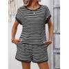 image:imageCHARTOU Women Striped Two Pieces Sets Summer Crewneck Short Sleeve Tee Shirt Elastic High Waisted Shorts Lounge SetsBlack