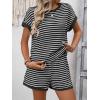 image:imageCHARTOU Women Striped Two Pieces Sets Summer Crewneck Short Sleeve Tee Shirt Elastic High Waisted Shorts Lounge SetsBlack