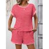image:imageCHARTOU Women Striped Two Pieces Sets Summer Crewneck Short Sleeve Tee Shirt Elastic High Waisted Shorts Lounge SetsDark Pink