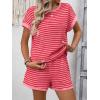 image:imageCHARTOU Women Striped Two Pieces Sets Summer Crewneck Short Sleeve Tee Shirt Elastic High Waisted Shorts Lounge SetsDark Pink