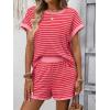 image:imageCHARTOU Women Striped Two Pieces Sets Summer Crewneck Short Sleeve Tee Shirt Elastic High Waisted Shorts Lounge SetsDark Pink