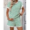 image:imageCHARTOU Women Striped Two Pieces Sets Summer Crewneck Short Sleeve Tee Shirt Elastic High Waisted Shorts Lounge SetsGreen