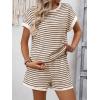 image:imageCHARTOU Women Striped Two Pieces Sets Summer Crewneck Short Sleeve Tee Shirt Elastic High Waisted Shorts Lounge SetsKhaki