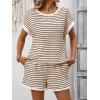 image:imageCHARTOU Women Striped Two Pieces Sets Summer Crewneck Short Sleeve Tee Shirt Elastic High Waisted Shorts Lounge SetsKhaki