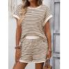 image:imageCHARTOU Women Striped Two Pieces Sets Summer Crewneck Short Sleeve Tee Shirt Elastic High Waisted Shorts Lounge SetsKhaki