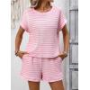 image:imageCHARTOU Women Striped Two Pieces Sets Summer Crewneck Short Sleeve Tee Shirt Elastic High Waisted Shorts Lounge SetsPink