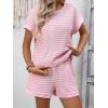 image:imageCHARTOU Women Striped Two Pieces Sets Summer Crewneck Short Sleeve Tee Shirt Elastic High Waisted Shorts Lounge SetsPink