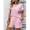 image:imageCHARTOU Women Striped Two Pieces Sets Summer Crewneck Short Sleeve Tee Shirt Elastic High Waisted Shorts Lounge SetsPink