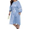 image:imageCHARTOU Women Summer Puff Sleeve Long Dress Loose Lace Trim Button Down Shirt Dress with BeltBlue