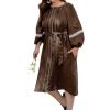 image:imageCHARTOU Women Summer Puff Sleeve Long Dress Loose Lace Trim Button Down Shirt Dress with BeltCoffee
