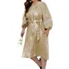 image:imageCHARTOU Women Summer Puff Sleeve Long Dress Loose Lace Trim Button Down Shirt Dress with BeltKhaki