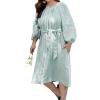 image:imageCHARTOU Women Summer Puff Sleeve Long Dress Loose Lace Trim Button Down Shirt Dress with BeltMint Green